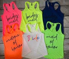 six bridesmaid tank tops in different colors with the words maid of honor written on them