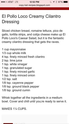 the menu for el pollo loco creamy clantro