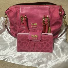 Authentic Pink Coach Satchel And Wallet. Coach Wallet With Detachable Strap, Pink Coach Purses, Coach Satchel, Coach Purses, Coach Bags, Satchel, Bag Lady, Wallet, Pink