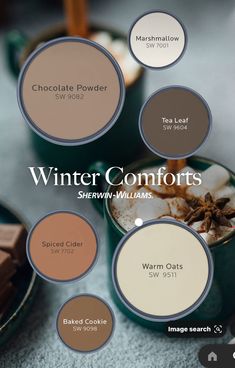 the winter comforts color palette is shown in different shades and sizes, including warm colors