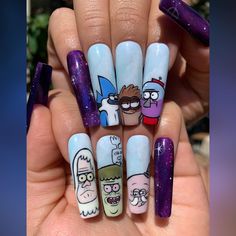 Regular Show Nails, Cartoon Network Nails, Rick And Morty Nail Designs, Rick And Morty Nails Acrylic, Rugrats Nail Designs, Acrylic Nail Cartoon Designs, Show Nails, Cartoons Nails, Nerd Nails