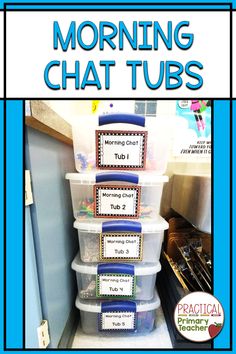 three plastic containers stacked on top of each other with the words morning chat tubs