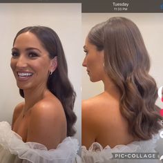 a woman with long brown hair wearing a white dress and looking at the camera while smiling