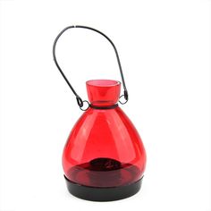 a red glass vase with a black handle on a white background is seen in this image