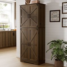 a tall wooden cabinet next to a potted plant in a room with white walls