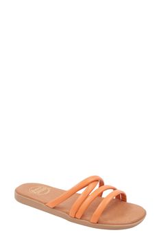 Interlocking vamp straps lend visual intrigue to a minimalist slide sandal set on a cushioned footbed for all-day comfort. Cushioned footbed Synthetic upper/leather lining/rubber sole Made in Spain Orange Adjustable Slip-on Sandals, Adjustable Orange Slip-on Sandals, Beach Slides With Arch Support And Double Strap, Strappy Footbed Sandals With Arch Support For Beach, Adjustable Flat Heel Slides With Cushioned Footbed, Adjustable Flat Slides With Cushioned Footbed, Comfortable Open Toe Orange Slides, Adjustable Strappy Synthetic Flip Flops, Cushioned Footbed Strappy Sandals