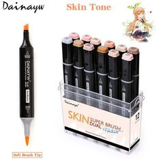 six different types of skin tone markers in a display case with an orange marker next to it