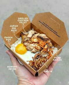 an open box filled with food and labeled parts in each section, including fried eggs, grilled chicken, crumbled almonds, and more