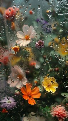 colorful flowers are seen through the rain covered window