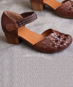 Woven Leather Shoes With Round Toe, Brown Leather Sandals For Fall, Brown Woven Leather Shoes, Woven Leather Heels With Round Toe, Brown Woven Leather Shoes With Round Toe, Leather Heels With Woven Sole And Low Heel, Leather Low Heel With Woven Sole, Brown Closed Toe Heels With Woven Leather, Brown Heels With Woven Sole And Round Toe