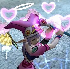 an animated image of a woman holding a baseball bat and wearing a pink outfit with hearts above her head