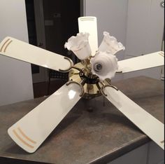 a white ceiling fan sitting on top of a counter