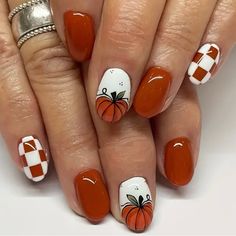 24pcs Vibrant Halloween Pumpkin & Plaid Press-On Nail Set - Glossy Short Oval, Full Coverage Fake Nails With Long-Lasting Adhesive, Easy To Apply, And Reusable For Women And Girls Of All Ages Pumpkin Nail Designs, Halloween Acrylic Nails, Pumpkin Nails, Nagel Tips, Jelly Nails