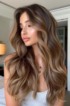 Woman with long, wavy brown hair and subtle highlights, wearing a white top, looking off to the side in a softly lit room. Naturally Highlighted Brown Hair, Natural Highlights For Brunette Hair, Light Brown Brunette Balayage, Auburn Brown With Blonde Highlights, Fall Brown Hair Balayage, Pumpkin Spice Brunette Hair, Hair Color For The Fall, Brunette Hair Light Brown Highlights, Cinnamon Hair With Highlights