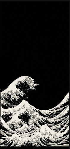 a black and white drawing of waves in the night sky with dark clouds above it