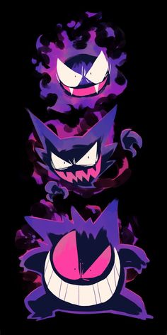 three cartoon characters with different expressions on their faces, one is purple and the other is black