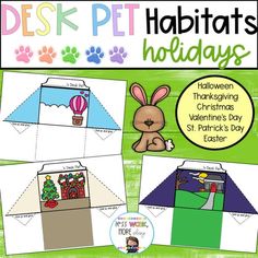 three different paper crafts with the words desk pet holidays on them and an image of a dog