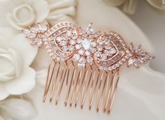 "This sparkly rose gold hair comb features only Cubic Zirconia stones in different shapes with botanical accents for your elegant, romantic look. This bridal hair clip will be just perfect for your daily luxury street style events as well. Silver or rose gold finish is available and measures about 2.75\" x 1.75.\" Please view the links below for the matching pieces. Matching Necklace https://www.etsy.com/listing/748307581/crystal-bridal-necklace-in-vintage-deco?ref=shop_home_active_2&frs=1 M Art Deco Bridal Hair, Bridal Halo Headpiece, Gold Hair Comb Wedding, Rose Gold Art, Bridal Floral Headpiece, Art Deco Hair, Bridal Earrings Chandelier, Gold Hair Comb, Hair Comb Accessories