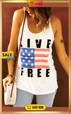 White Live Free Graphic Tank Top Leopard Satin Dress, Casual Tanks, Saint John, Live Free, Chambray Dress, Stars And Stripes, Mini Shift Dress, Fine Fabric, Print Tank