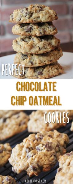 chocolate chip oatmeal cookies stacked on top of each other with text overlay