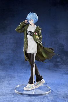 an anime figurine is posed on a clear base with blue hair and black pants