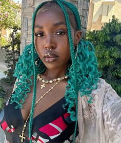 Dark Green Braids For Black Women, Green Braids With Curls, Protective Hairstyles Braids Color, Dyed Braids For Black Women, Box Braids Ideas Colored, Dark Green Braids, Green And Blonde Braids, Pink And Green Braids, Green Braids Hairstyles