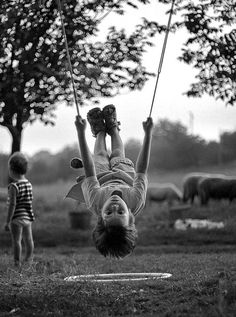 two children are playing on swings in the grass with cows behind them and one child is swinging upside down