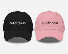 "Custom Embroidered Roman Numeral Dad Hat | Anniversary Date Hat | Gifts For Him | Matching Couples Hat | Anniversary Gifts ** HOW TO ORDER 1. Check our photos for sizing and color options.  2. Select your size and color from the drop-down menus.  3. Click \"ADD TO CART\" to add the shirt to your cart. 4. Click \"PROCEED TO CHECKOUT\" to purchase your shirt. ** SIZE One size fit all with adjustable strap with antique buckle ** DETAILS: - 100% chino cotton twill - Green Camo color is 35% chino cotton twill, 65% polyester - Unstructured, 6-panel, low-profile - 6 embroidered eyelets - 3 ⅛\" (7.6 cm) crown - Adjustable strap with antique buckle ** CARE: - Machine wash: cold water - Air dry ** PRINTING METHOD: Embroidered printing is a captivating process that combines embroidery and printing t Anniversary Dates, Camo Colors, Roman Numeral, Green Camo, Dad Hat, Roman Numerals, Matching Couples, Trucker Cap, Dad Hats