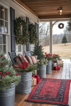 16 Unique Front Porch Christmas Decor Ideas for Holiday Season 23 Christmas Porch Decor Lights, Porch Decorating Christmas Ideas, Log Cabin Porch Decorating Ideas, Christmas Outdoor Porch Decorations, Christmas Wine Barrel Front Porch, Wagon Christmas Decor Porch Ideas, Rustic Outdoor Christmas Decor, Holiday Planters Front Porches