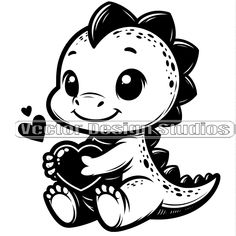 a black and white drawing of a baby dragon sitting on the ground with hearts in its paws