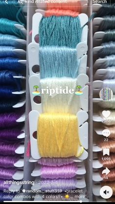 several rows of different colored yarns in plastic bins with text overlay that says triptide