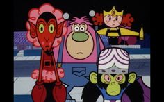 cartoon characters are standing in the middle of a street at night, with one person wearing a crown