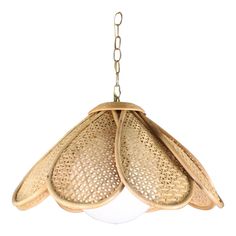 a light hanging from a ceiling fixture made out of woven material and metal chain links