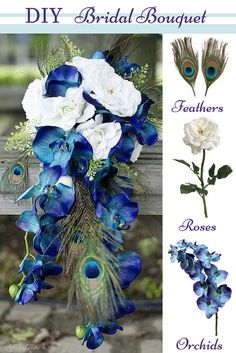 the bridal bouquet features peacock feathers, roses and orchids in shades of blue