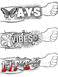 three different types of tattoos with the words, sayings and symbols on them in black and white