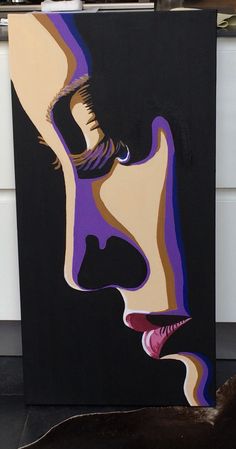 a painting of a woman's face on a black background with purple and yellow colors