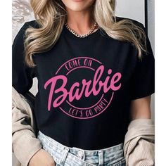 Brand New Women’s Barbie Shirt Size: Small Pit To Pit: 20” Color: Black & Pink Pink Letter Print Party Top, Pink Letter Print Top For Party, Barbie Shirt, Dolman Sleeve Shirt, Girls Doll, Barbie Logo, Barbie Outfits, Lets Go