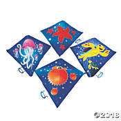 four kites with different designs on them in the shape of animals and sea creatures