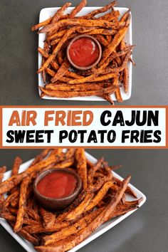 air fried cajun sweet potato fries with ketchup on top and in the middle