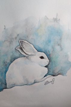 a painting of a white rabbit with blue background