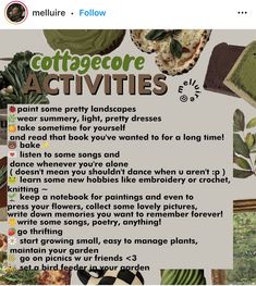 Chantalcore Aesthetic, Cottagecore Things To Do When Bored, Cottagecore Aesthetic Guide, Cottagecore Activity List, Cottage Core Tips, How To Cottagecore, Fairycore Activities, Cottage Core Hobbies, Cottagecore Lifestyle Tips