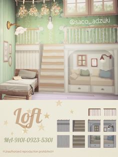 an advertisement for a children's bedroom with furniture and decor in pastel colors