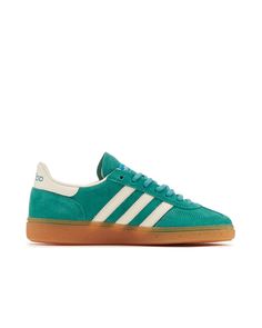 “Green suede upper with gum sole, delivering a sporty, retro aesthetic.” Handball Players, Indoor Sports, Sporty And Rich, Adidas X, How To Measure, Green Suede, Classic Sneakers, Retro Aesthetic, Profile Design