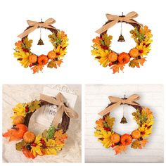 three pictures of wreaths with autumn leaves and pumpkins