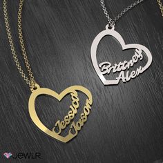 Represent true love with this simple yet romantic cutout necklace! Customize the names inside of the delicate heart-shaped design for you and your sweetheart, and complete it with your choice of Sterling Silver, Gold-Plated Silver, 10k or 14k white, yellow or rose gold. This sweet necklace is the perfect way to treat yourself or someone you love! Wedding Name Necklace With Heart Pendant, Personalized Open Heart Name Necklace, Sterling Silver Heart Pendant With Names, Personalized Sterling Silver Heart Pendant, Sterling Silver Nameplate Heart Necklace For Anniversary, Sterling Silver Heart Pendant Jewelry With Names, Custom Name Heart Pendant Necklace For Wedding, Custom Name Silver Heart Necklace For Wedding, Silver Heart Necklace With Custom Name For Wedding