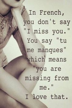 a woman posing with her hands on her head and the words miss you, you say tu me manques which means you are missing from me