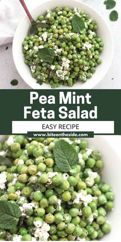 pea mint feta salad in a white bowl