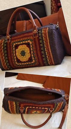 two pictures of the same handbag, one is brown and one is multicolored