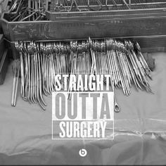 a bunch of silverware sitting on top of a plastic bag with the words straight out surgery