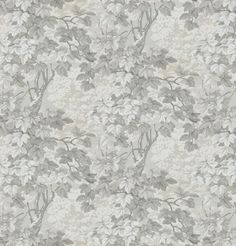 a gray and white floral wallpaper with grey leaves on it's sides,